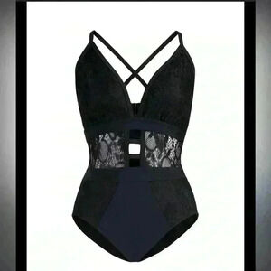 New York and Company Lace-Accent One-Piece Swimsuit -Black Sz L